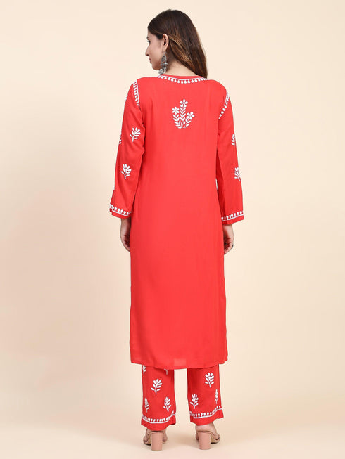 Fizaa Chikankari Long Modal Kurta Set - RED